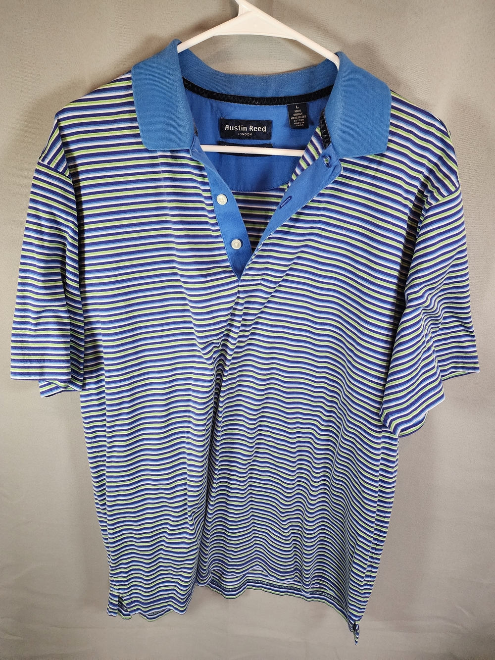 Austin Reed Blue, White & Green Striped Polo with Solid Collar